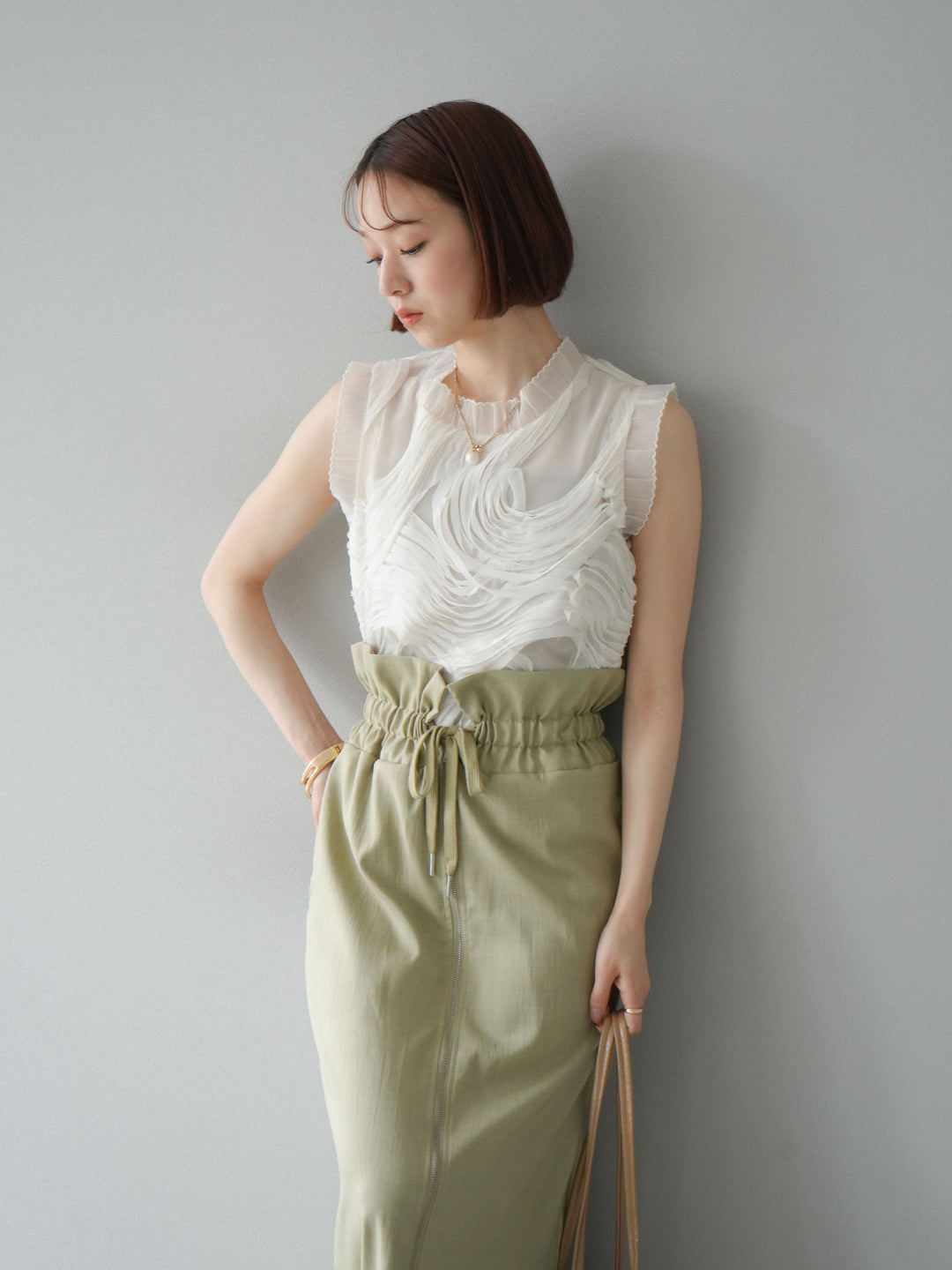 [SET]チュールジャガードノースリブラウス+ヘザーエステルギャザージップスカート(2set)