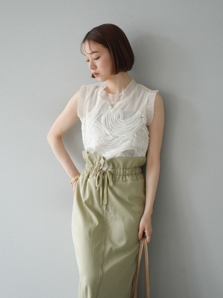 [SET]チュールジャガードノースリブラウス+ヘザーエステルギャザージップスカート(2set)