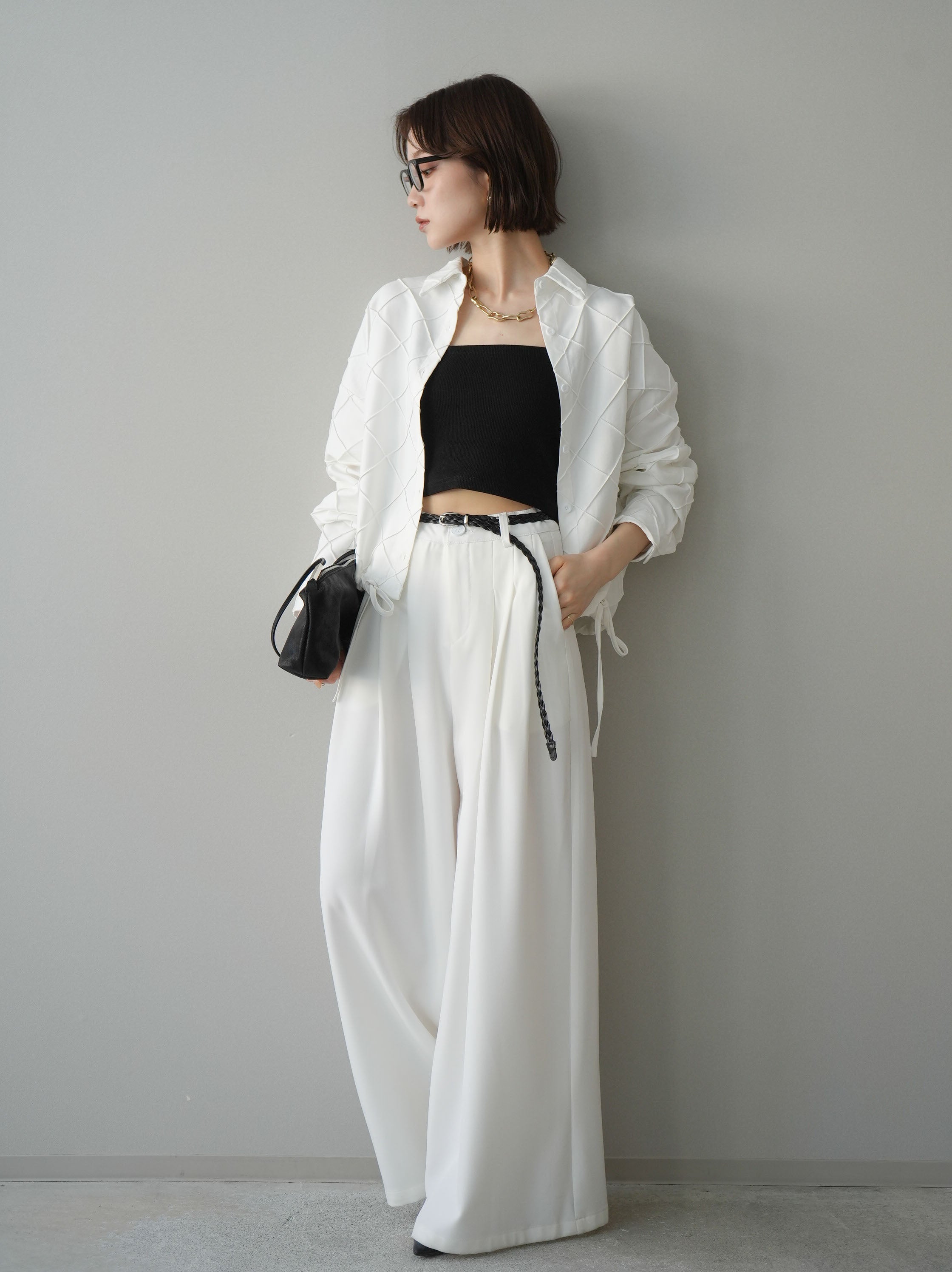 SET]パイピングクロスデザインブラウス+編み込みベルト付タックワイド