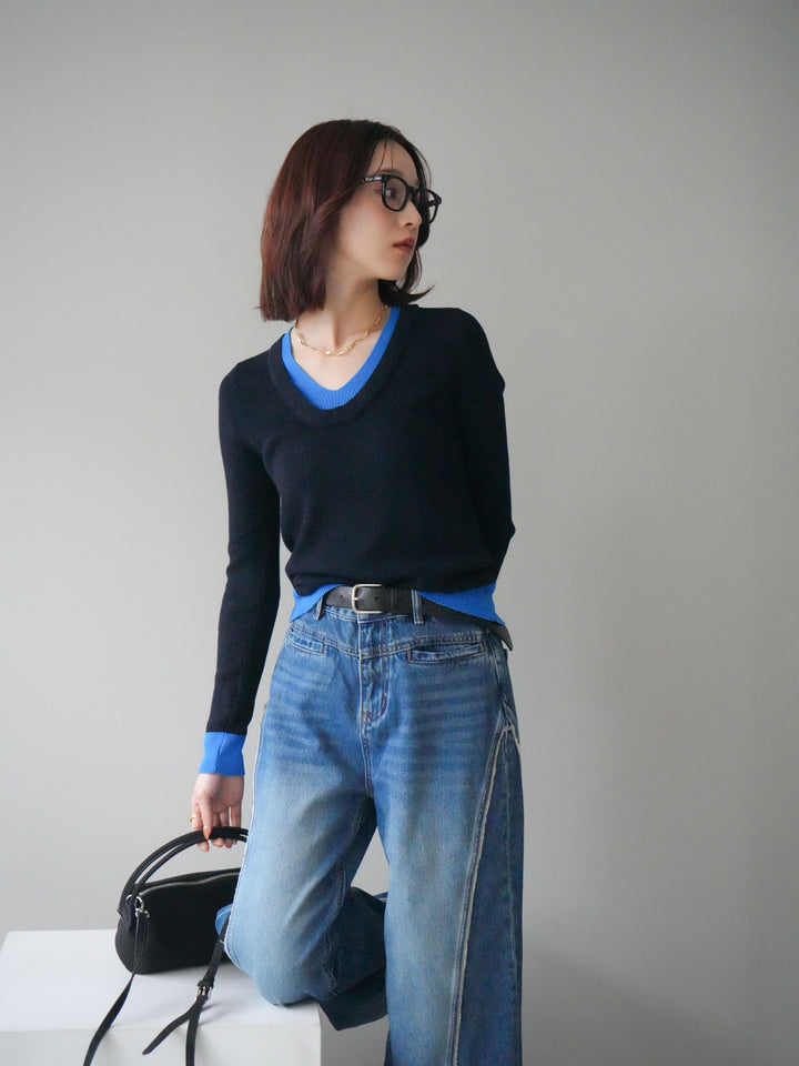 [SET]Uネック配色レイヤードリブニットトップス+サイドフリンジワイドデニムパンツ(2set)