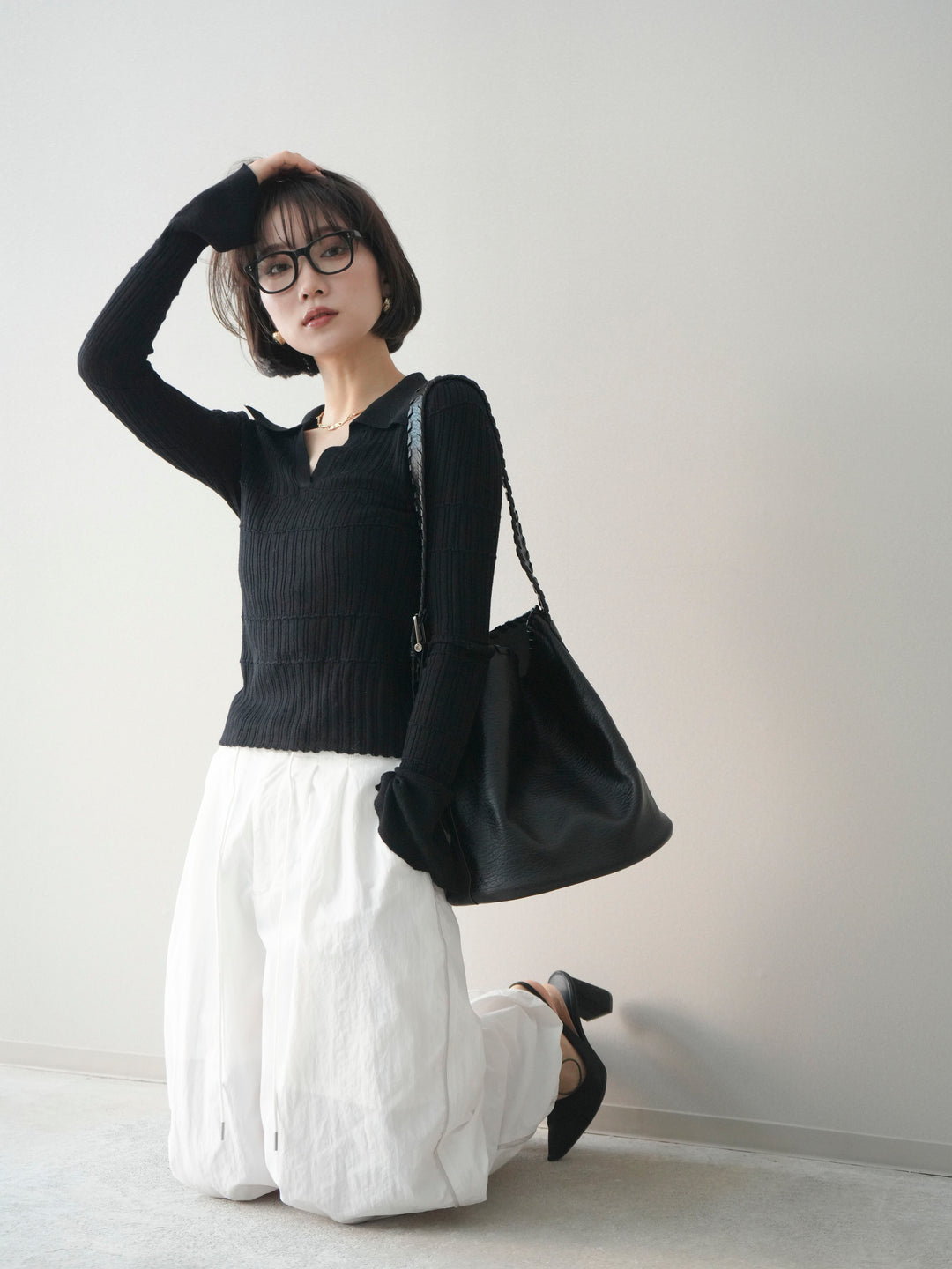 [予約]シアーリブスキッパーニットトップス/black