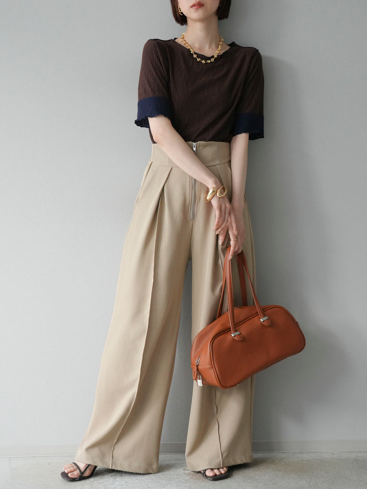 [SET] 百褶同色船領套頭衫 + 拉鍊褶襉寬褲 (2 套)