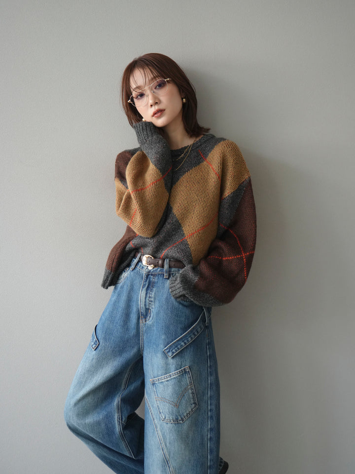 [SET]配色ステッチアーガイル柄ニットプルオーバー+ペインターカーブデニムパンツ(2set)