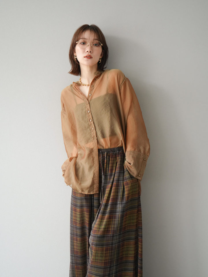 [予約]シャイニーシアーバンドカラーシャツ/カーキブラウン