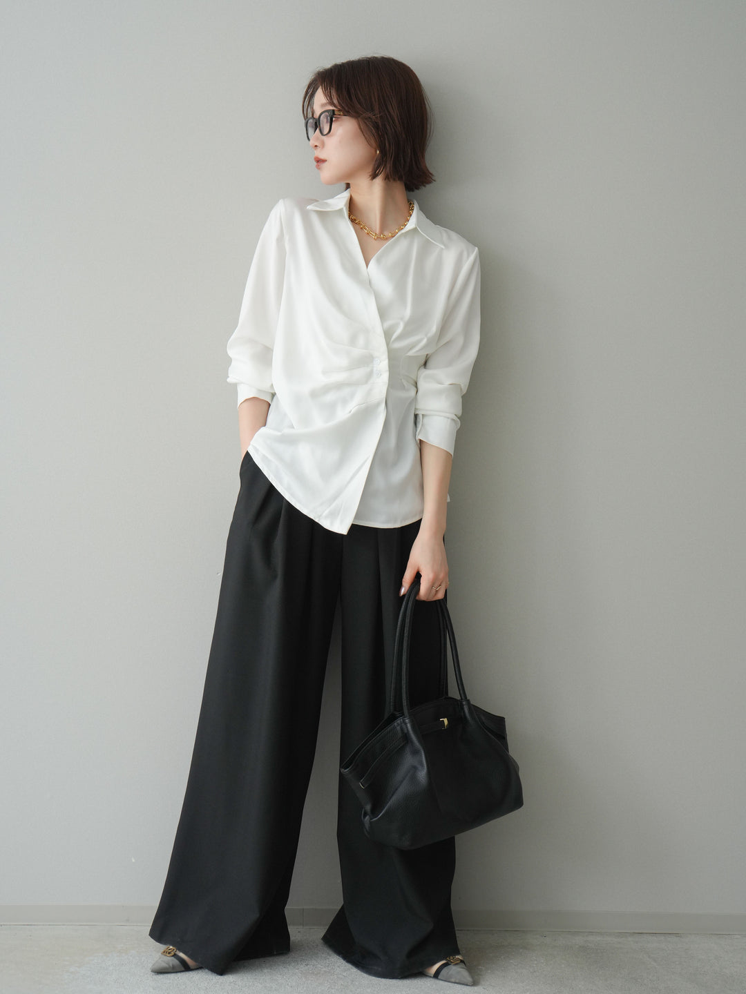 [予約]ダブルバックルベルト付ワイドパンツ/black