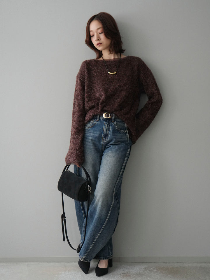 [SET]ラメシャギートップス+サイド切替カーブデニムパンツ(2set)