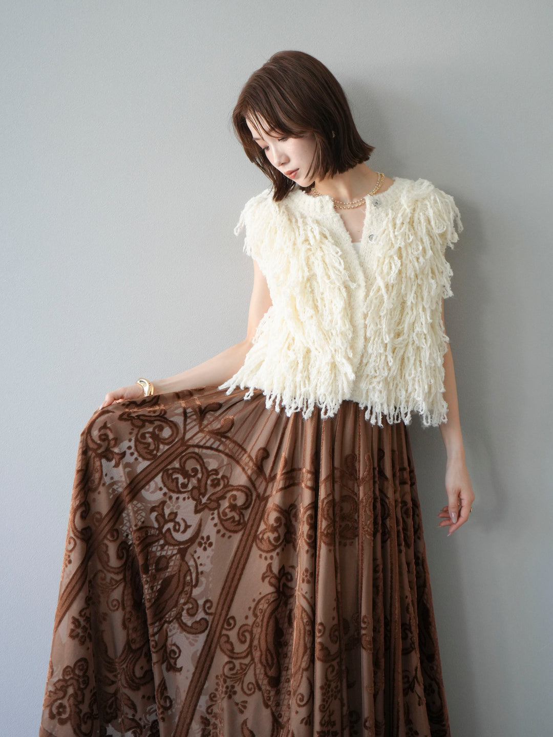 [SET]フリンジループニットベスト+アンティーク柄フロッキーマキシスカート(2set)