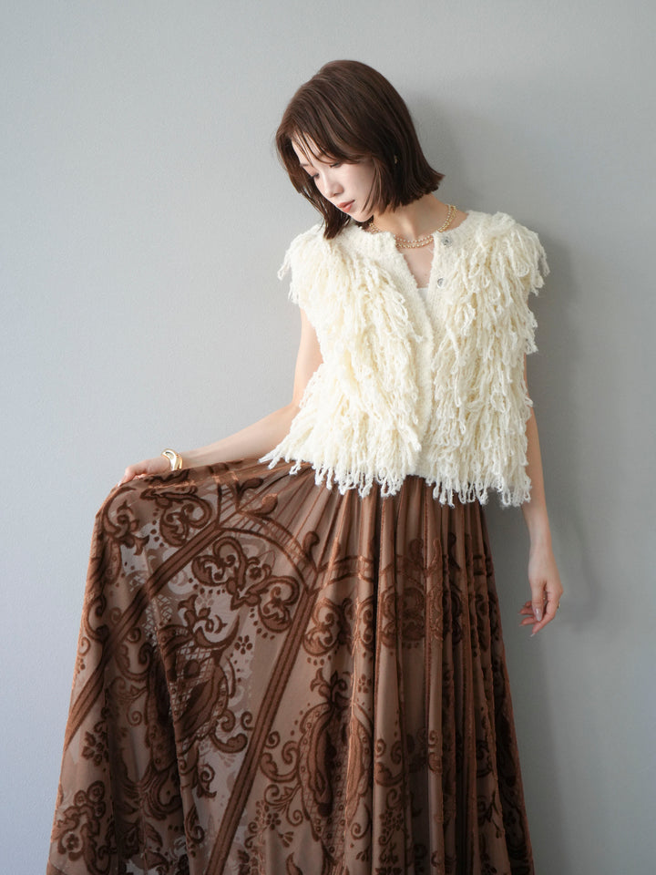 [SET]フリンジループニットベスト+アンティーク柄フロッキーマキシスカート(2set)