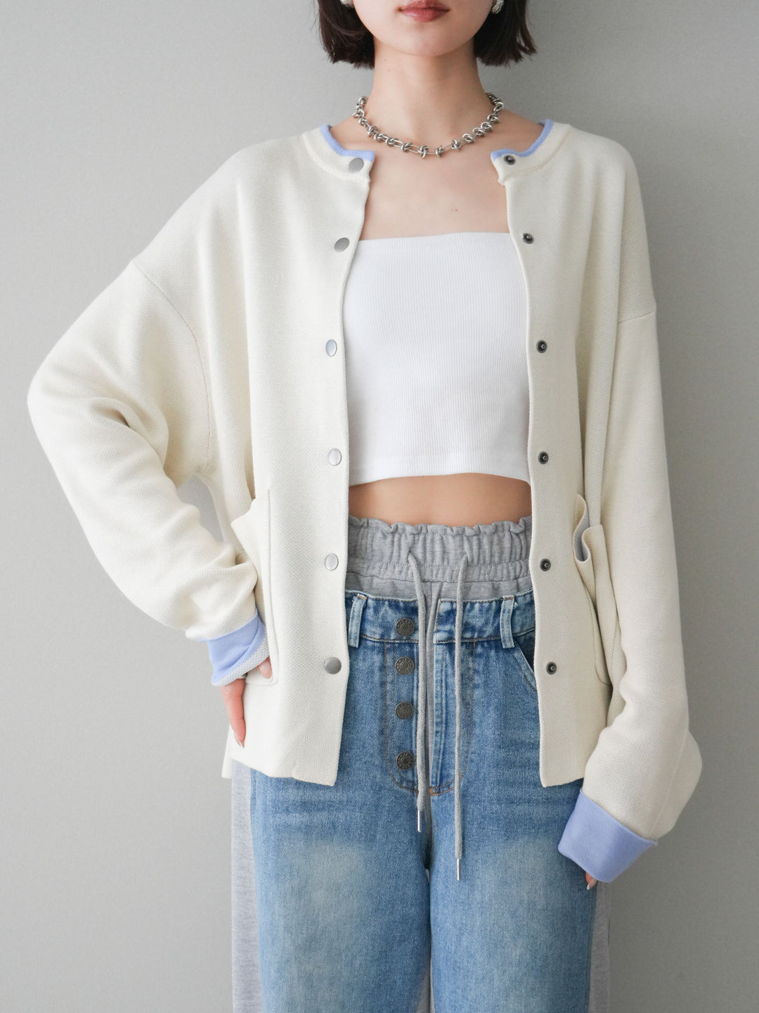 [SET]バイカラーオーバーニットカーディガン+デニム切替スウェットパンツ(2set)