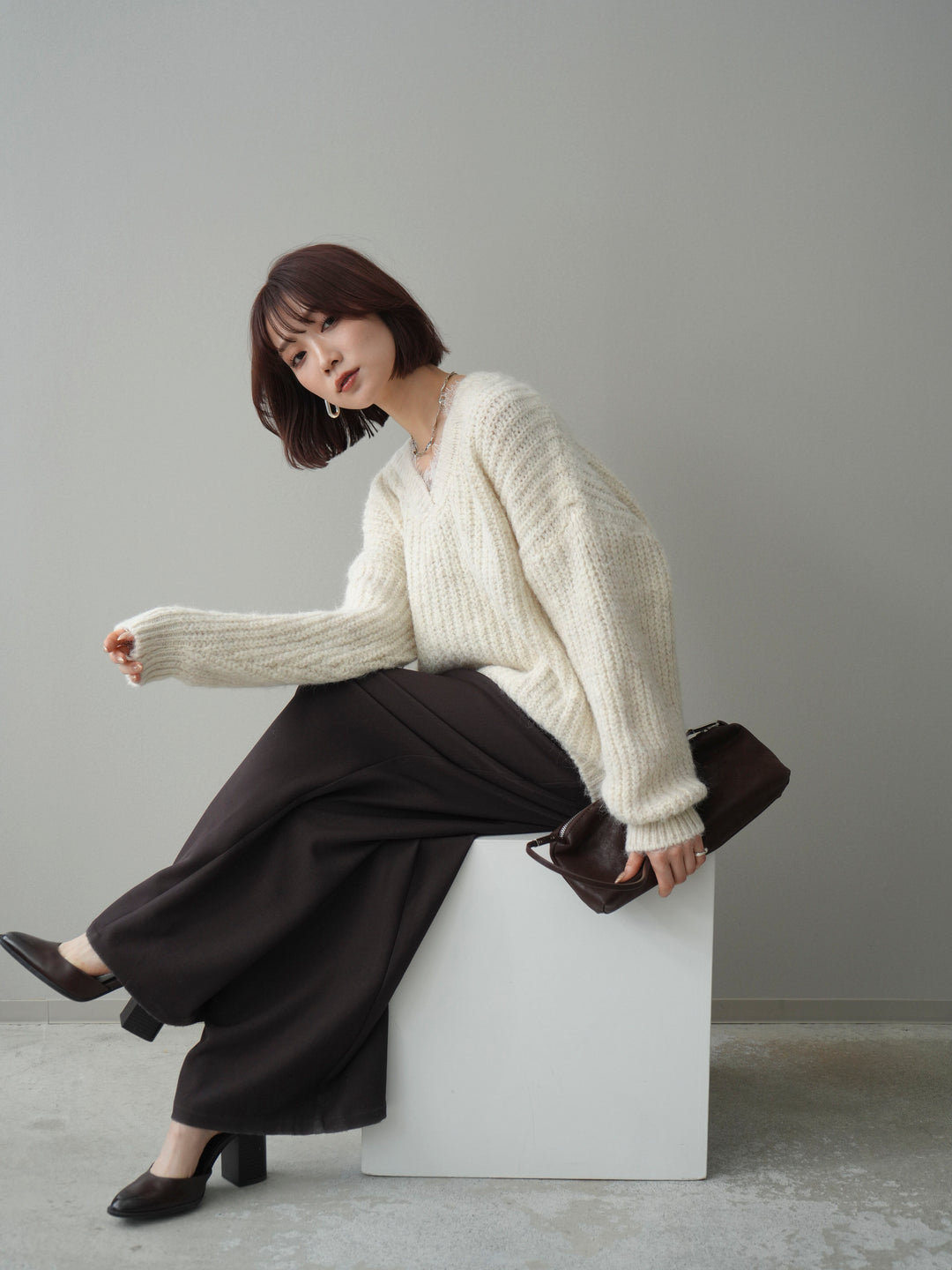 [SET]Vネックレースニットプルオーバー+ベルトループデザインワイドパンツ(2set)