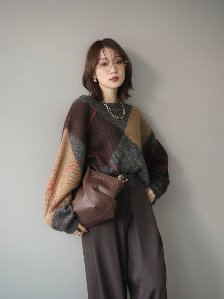 [予約]配色ステッチアーガイル柄ニットプルオーバー/charcoal