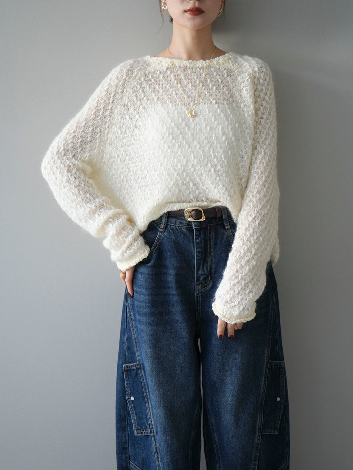 [予約]透かし編みモヘアタッチポコポコニットプルオーバー/ivory