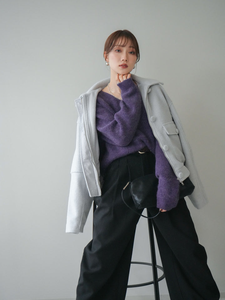 [SET]ウールライクフライトジャケット+シュシュ付きアンゴラタッチVネックニットプルオーバー+アニマル柄ベルト付きウールタッチワイドパンツ(3set)