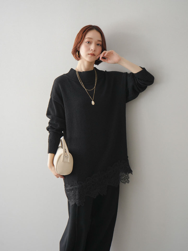 [SET]アシンメトリーレースヘムニットプルオーバー+2WAYデザインスウェットパンツ(2set)