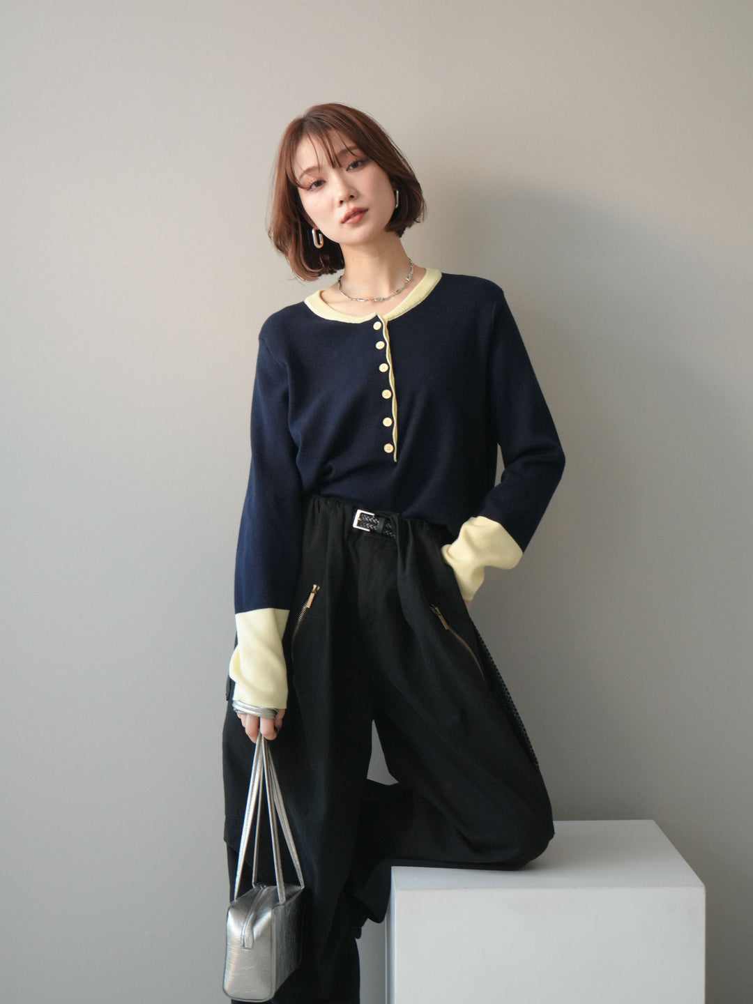 [予約]ヘンリーネック配色ニットソー/navy