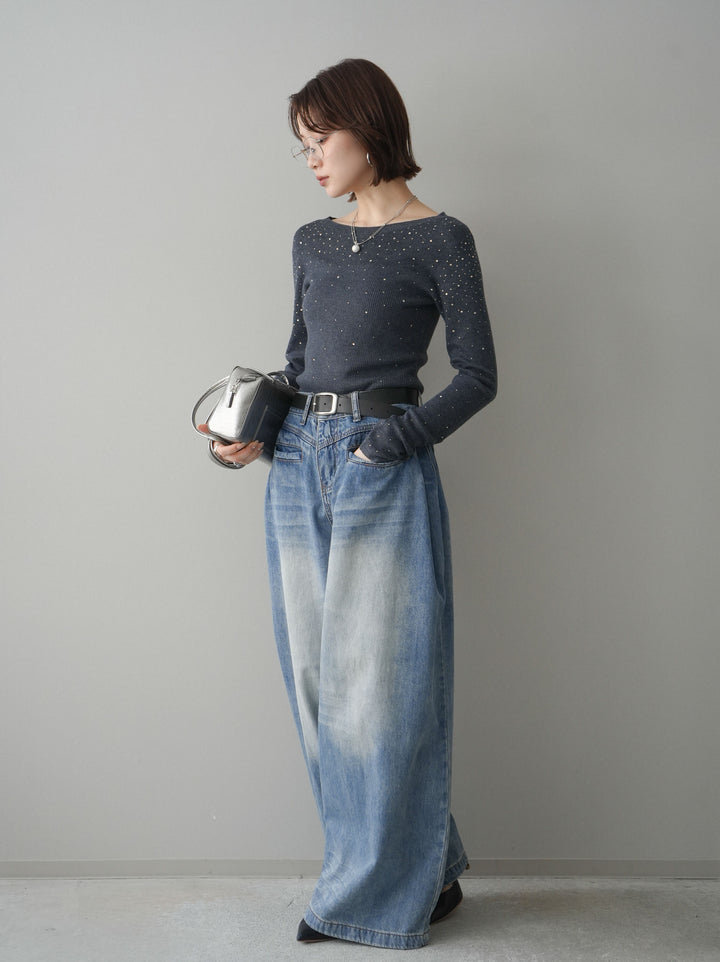 [SET]スパンコールシアーニットトップス+フロントポケットサイドタックワイドデニム(2set)