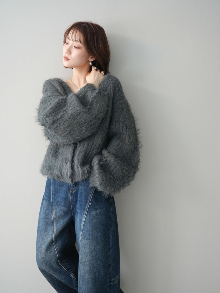 [SET]シャギーオーバーニットカーディガン+裏起毛加工デニムカーブパンツ(2set)