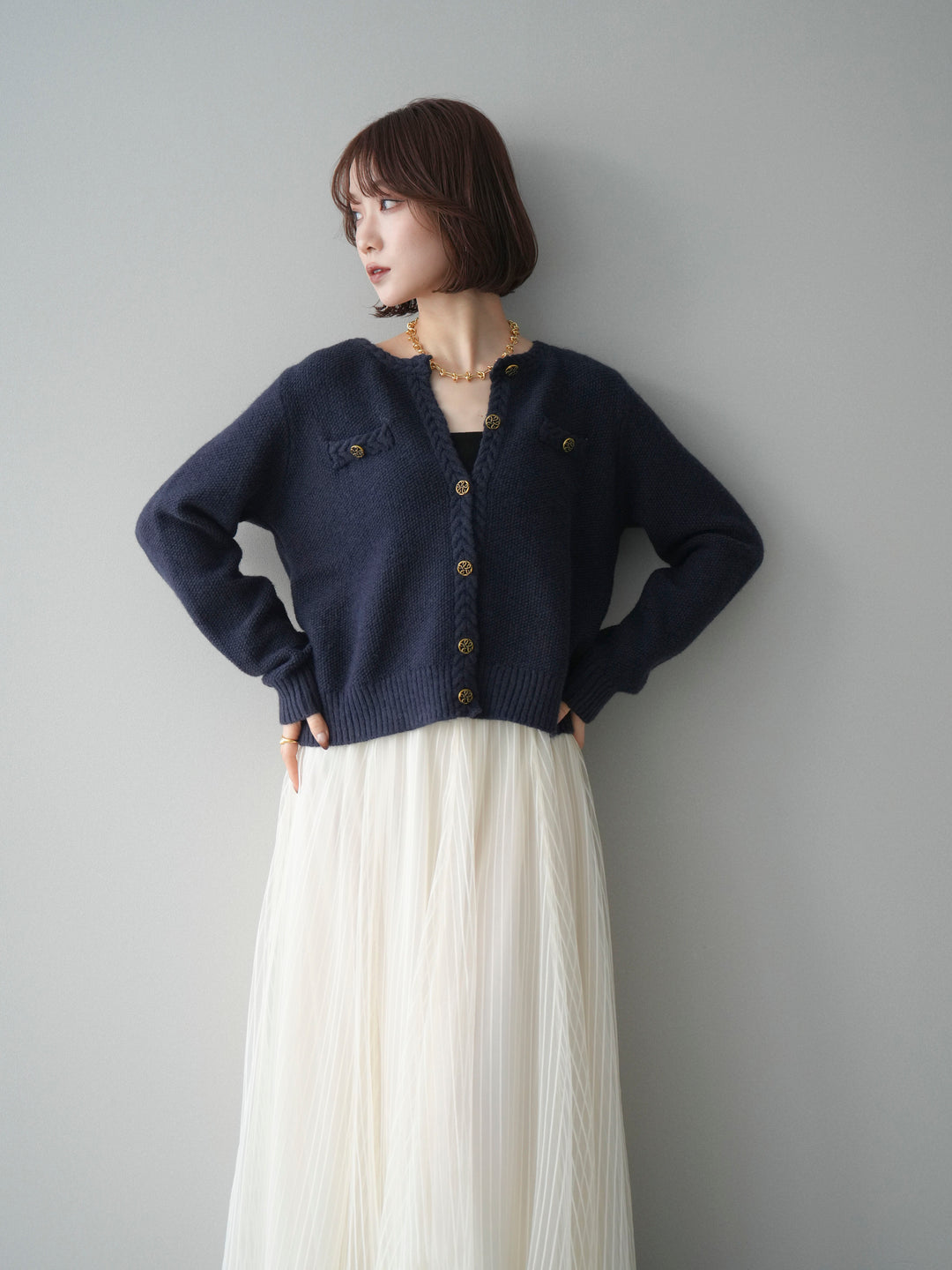 [SET]編みこみアンティークボタンニットカーディガン+チュールストライプボリュームスカート(2set)