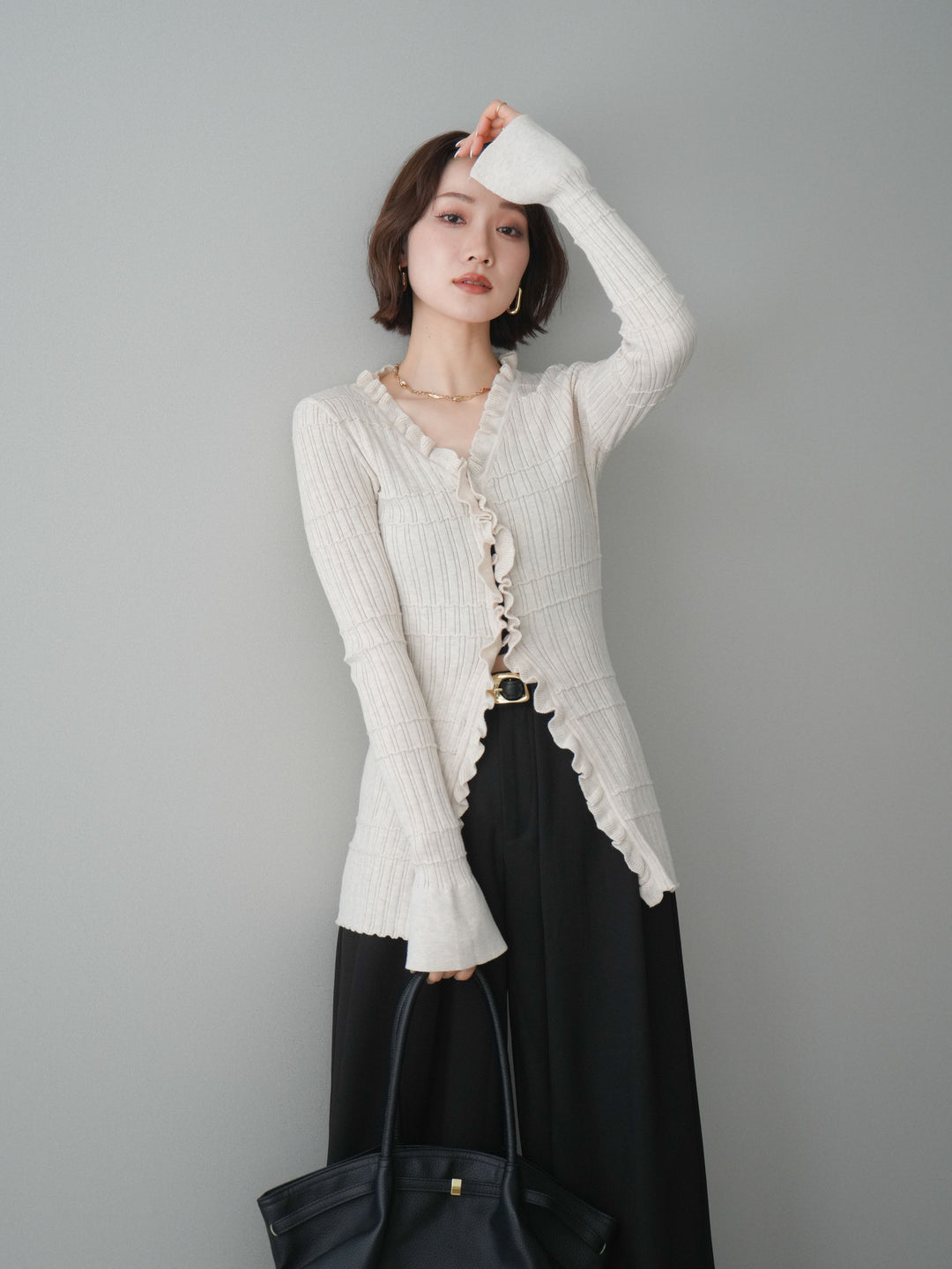 [予約]フロントフリルリブニットカーディガン/beige