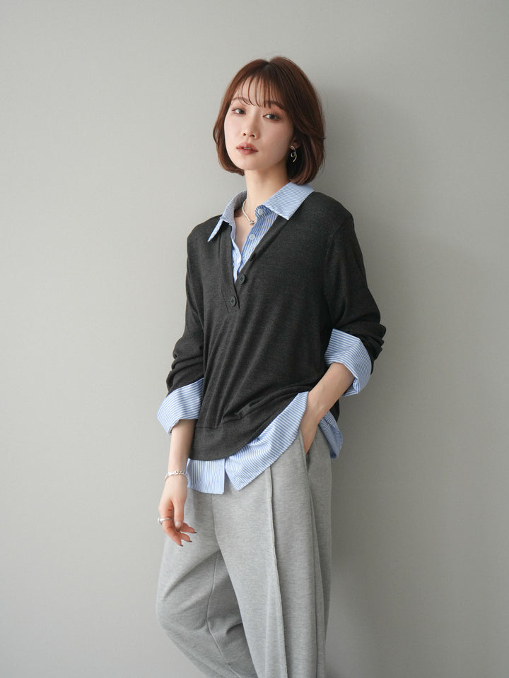 [予約]シャツレイヤードデザインカットプルオーバー/charcoal