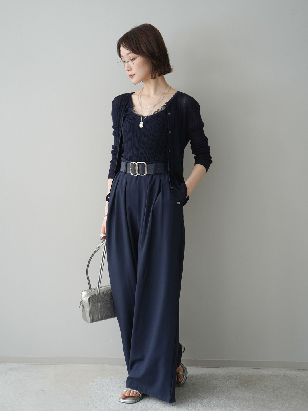 [予約]ダブルバックルベルト付ワイドパンツ/blue