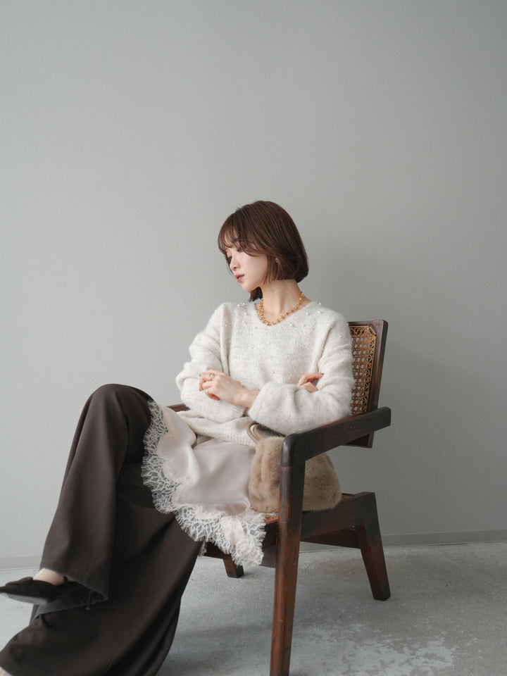 [SET]パール×ビジューVネックニットプルオーバー+アシンメトリーサテンレースキャミソール+テープベルトタックバギーパンツ(3set)