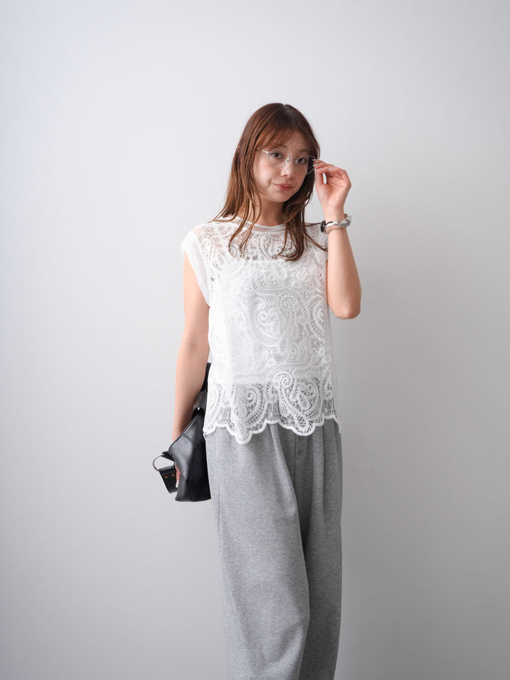 [SET]スカラップヘムレーストップス+リラックスドレープスウェットパンツ(2set)