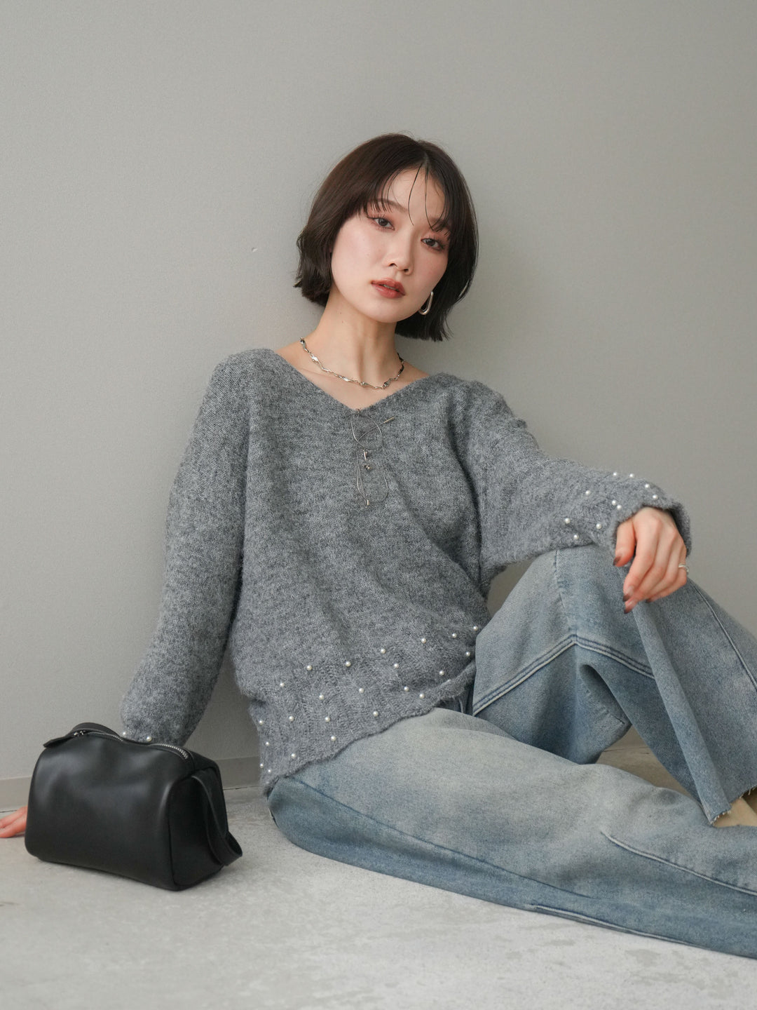 [SET]パールフリルリブヘムニットプルオーバー+選べるアクセセット(2set)