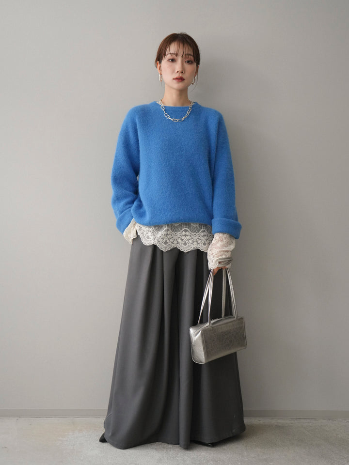 [SET]アンゴラタッチクルーネックニットプルオーバー+チュールレーストップス+テープベルトタックバギーパンツ(3set)