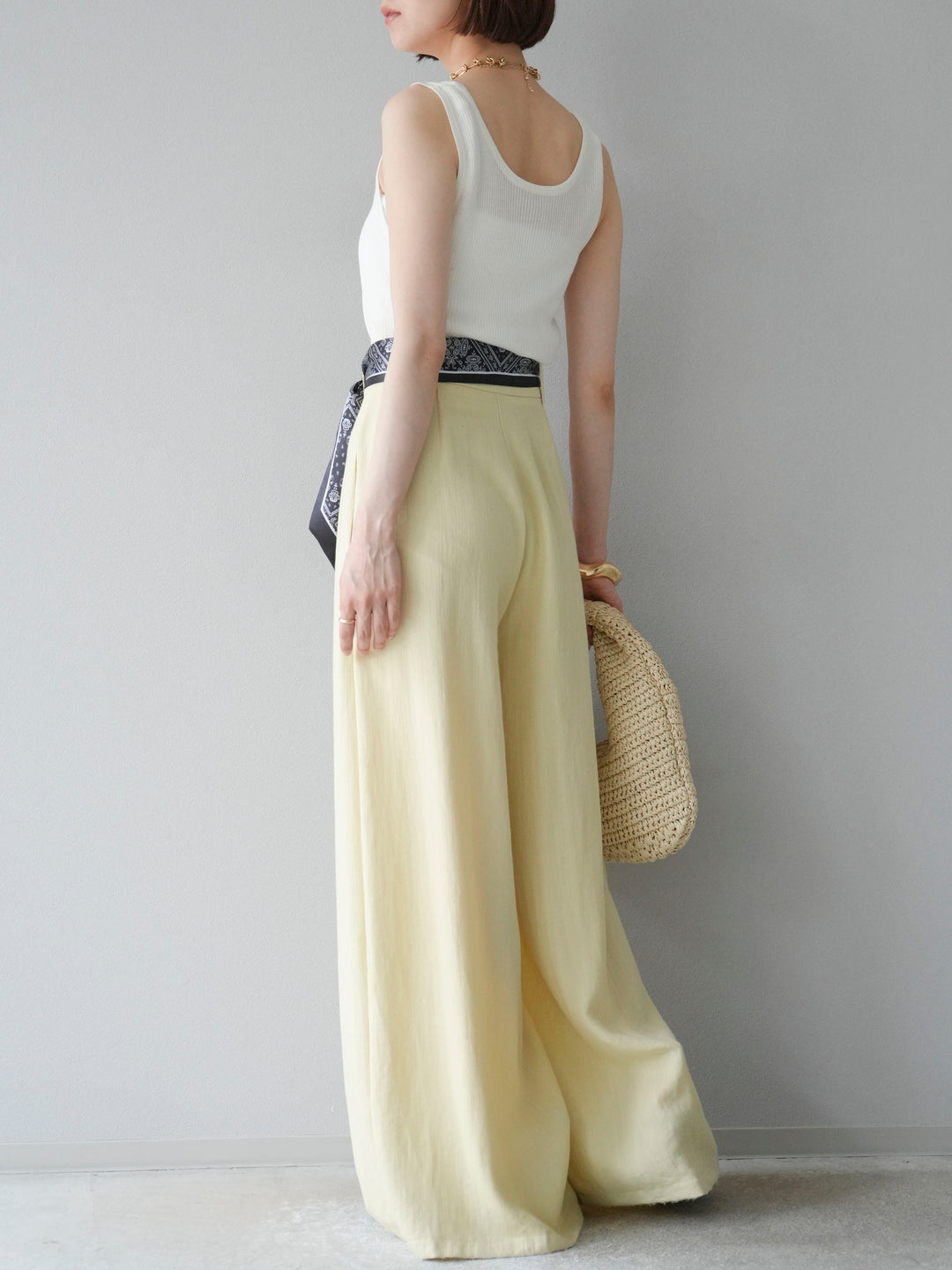 [予約]スカーフベルト付3タックワイドパンツ/イエロー