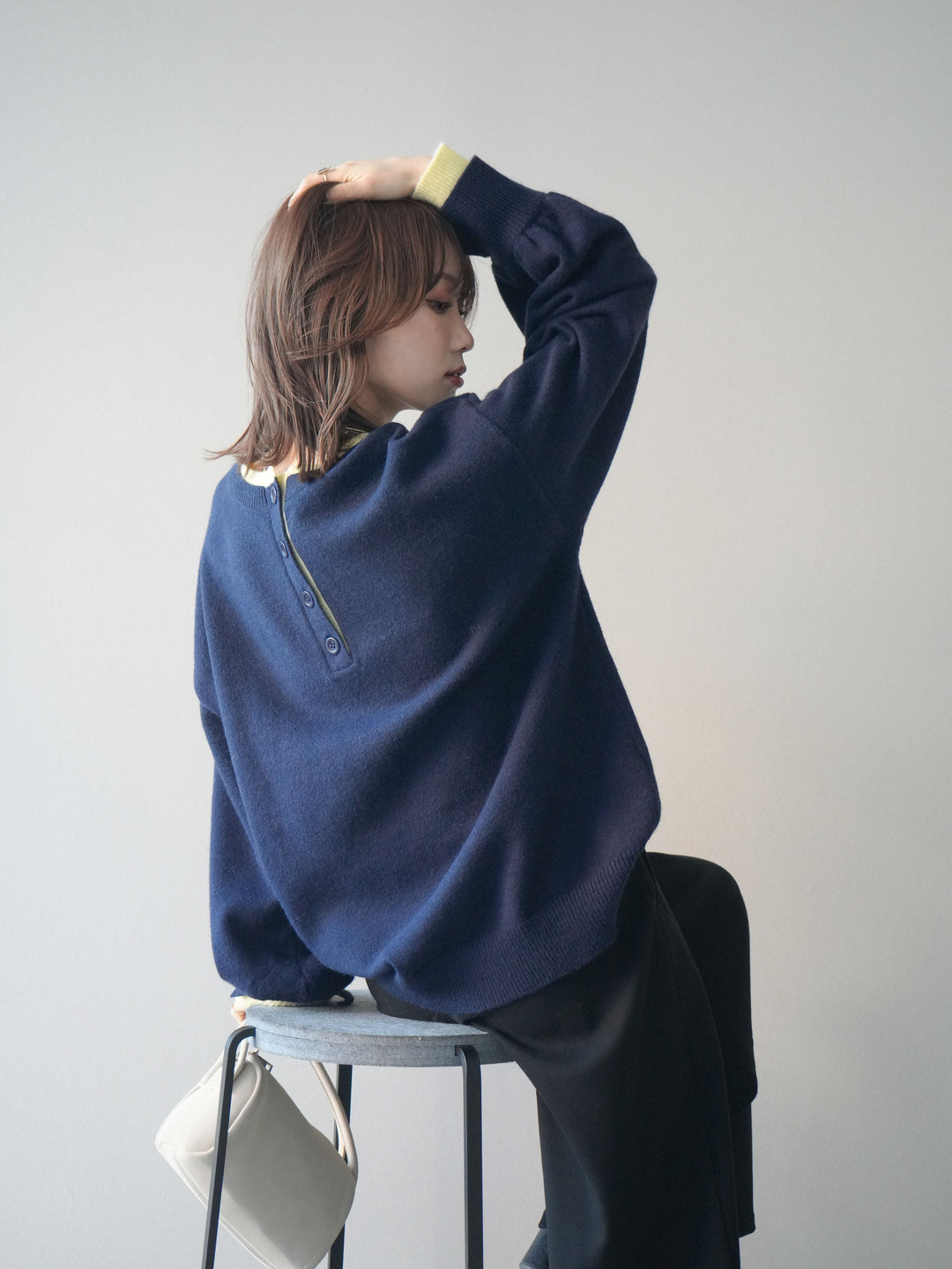 [予約]ヘンリーネック配色レイヤードニットプルオーバー/navy