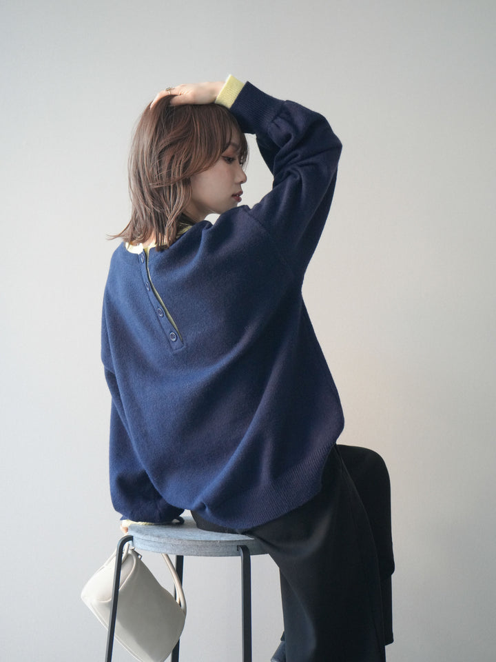[予約]ヘンリーネック配色レイヤードニットプルオーバー/navy