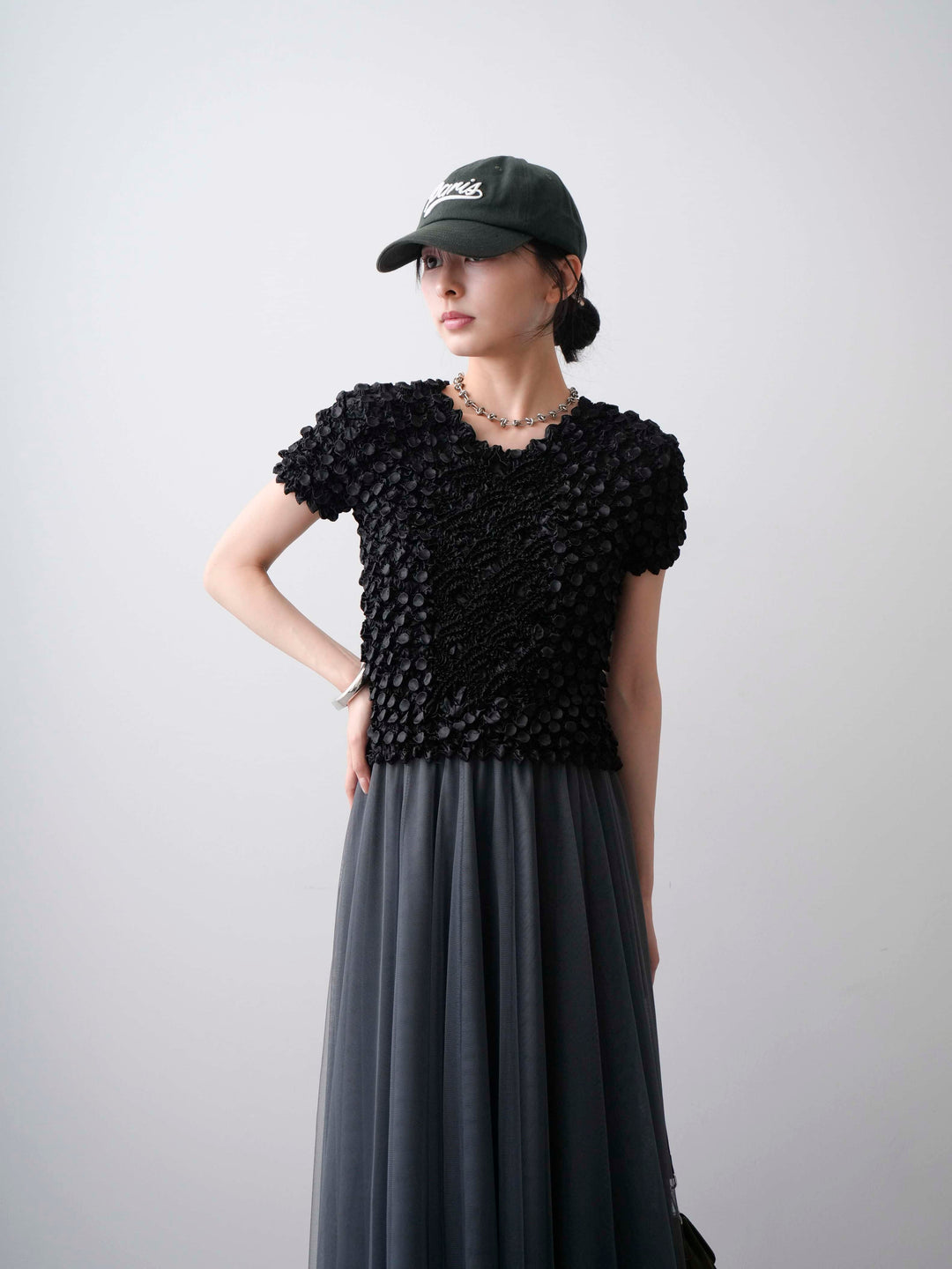 [SET]ドットスモッキングフレンチトップス+チュールボリュームスカート(2set)