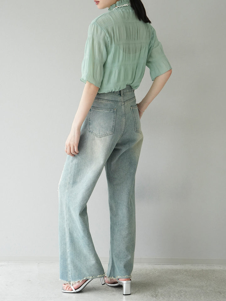 [Pre-order] Shirring Chiffon Half Sleeve Blouse/Mint