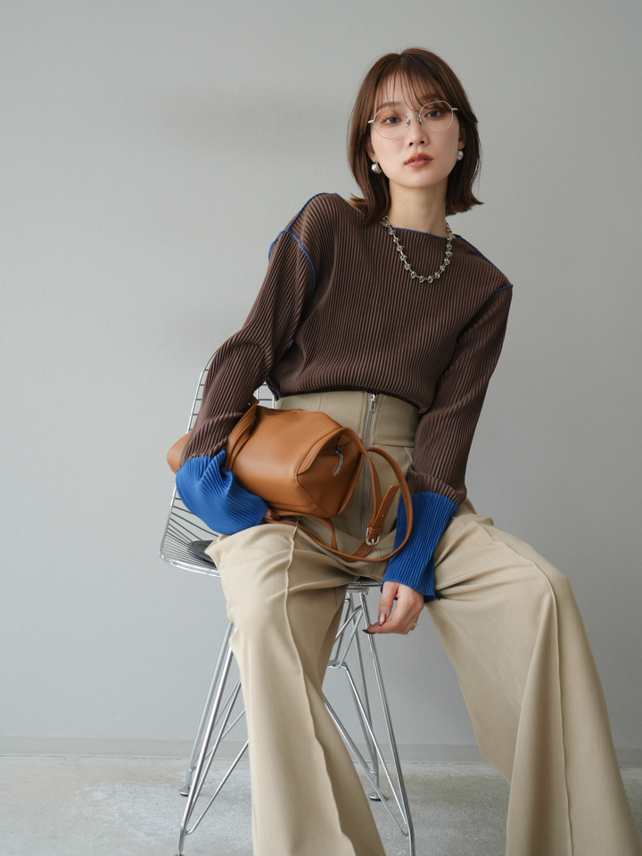 [予約]バイカラープリーツトップス/ブラウン