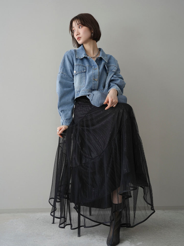 [SET]デニムショートシャツジャケット+ラメプリーツレイヤードチュールロングスカート(2set)