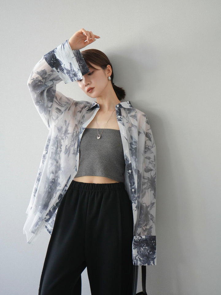 [予約]チュールドッキングフラワー柄オーバーサイズシャツ/グレー