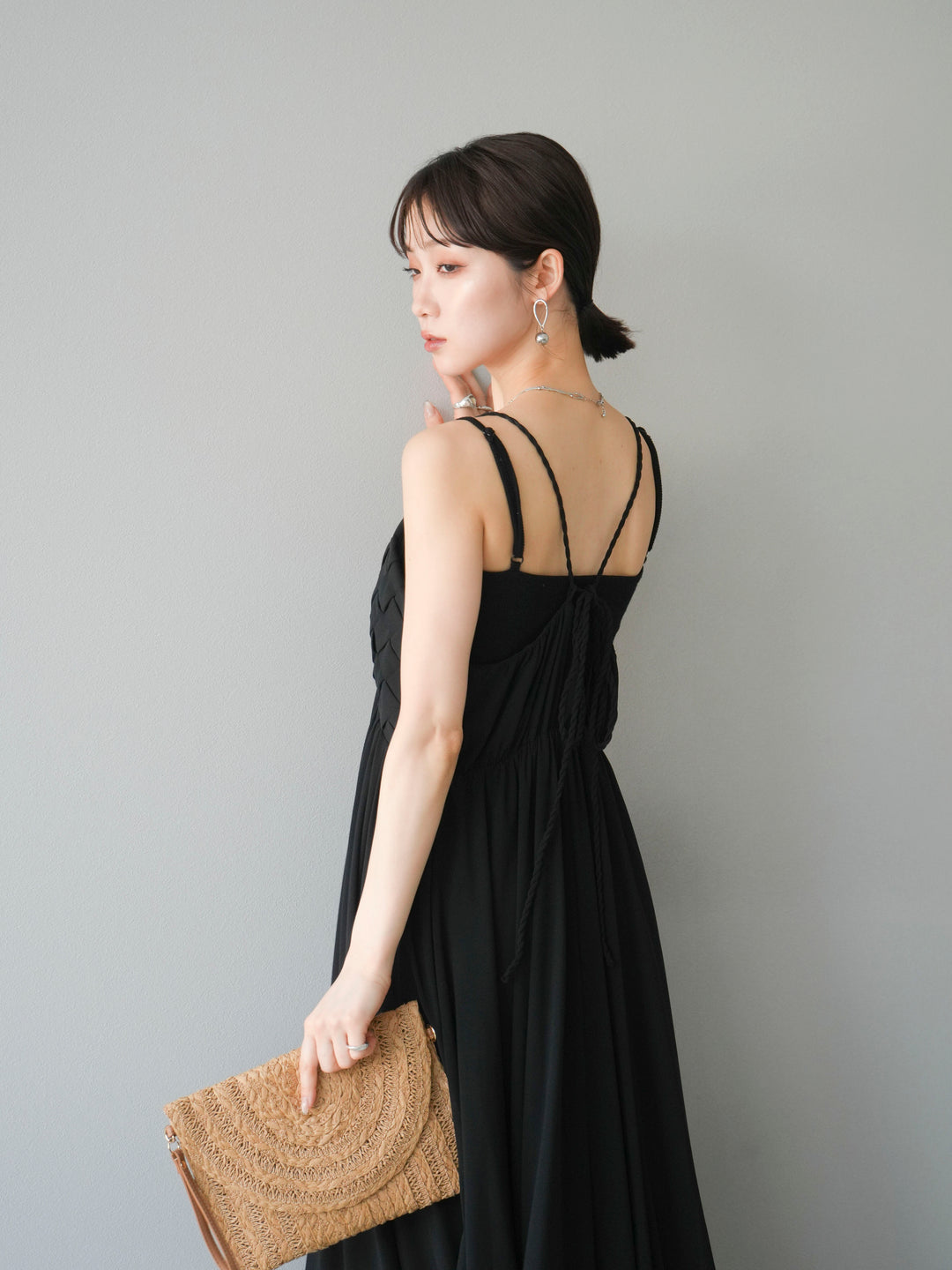 [SET]編み込みデザインシフォンワンピース+カップ付テレコリブベアキャミソール(2set)