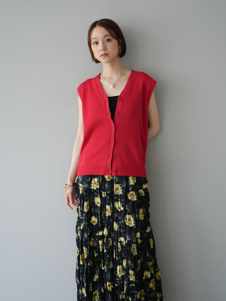 [SET] V領人造絲針織背心+花邊長裙（2件組）