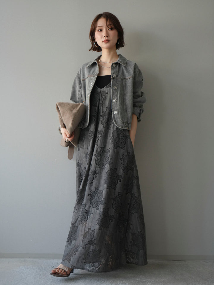 【預購】花朵蕾絲吊帶洋裝 / 灰色