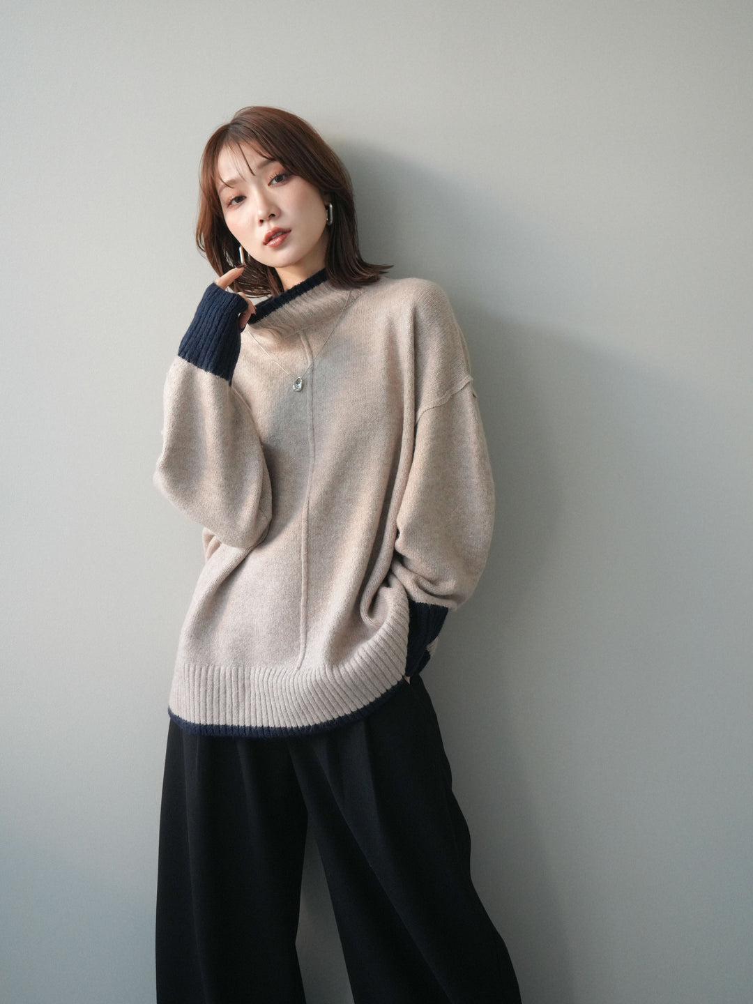 [SET]配色ハイネックニットプルオーバー+アニマル柄ベルト付きウールタッチワイドパンツ(2set)