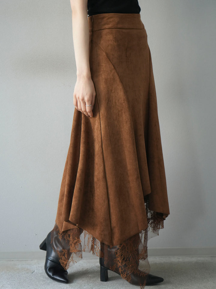[予約]スエード裾レースアシンメトリースカート/camel