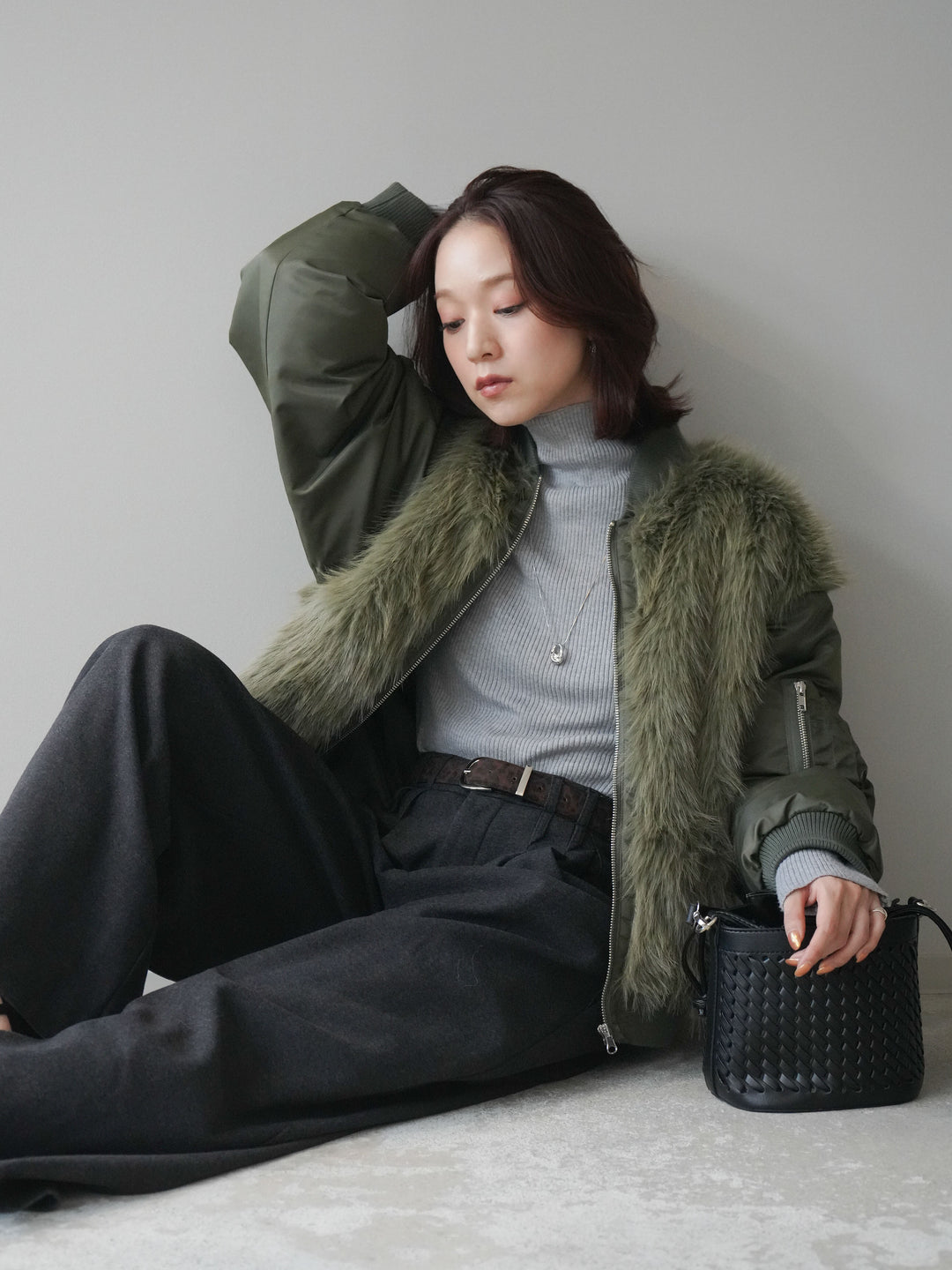 [SET]ファードッキングMA-1+アニマル柄ベルト付きウールタッチワイドパンツ(2set)