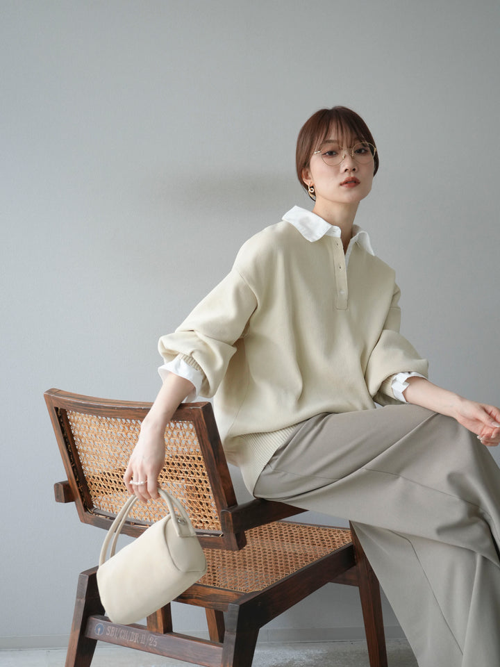 【SET】翻領polo針織套衫+雙褶闊腿褲（2件組）