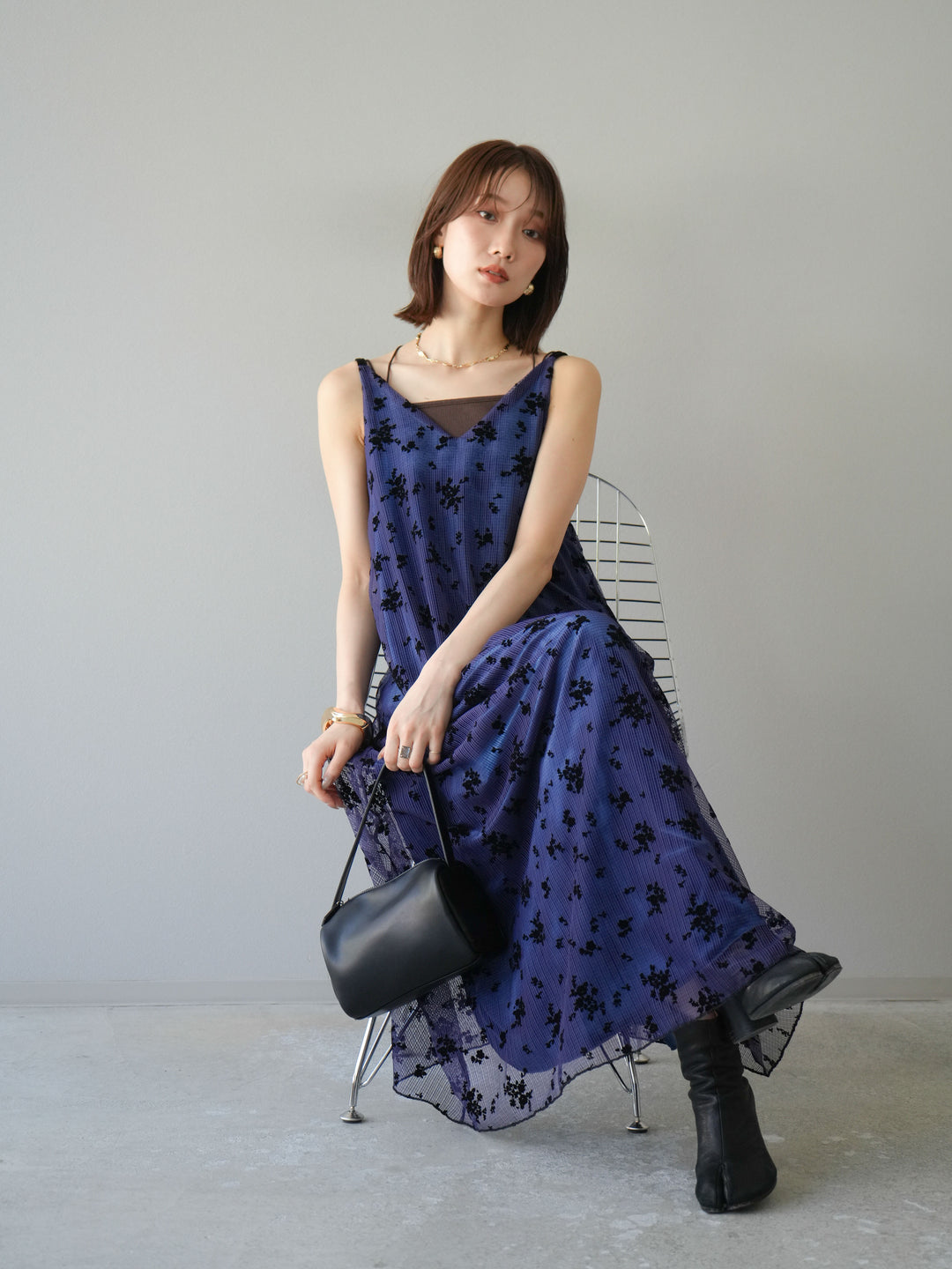 [SET]フロッキーチュールレイヤードベロアキャミワンピース+カップ付きバッククロスキャミソール(2set)