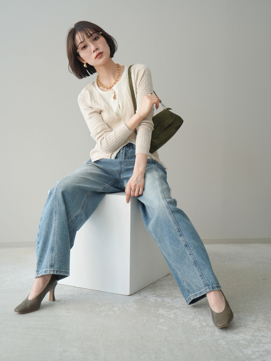 [予約]バイカラーレイヤードニットカーディガン/white