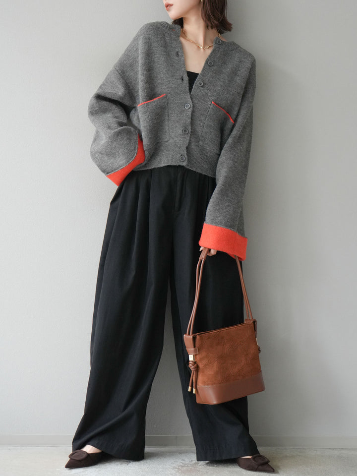 【SET】雙色針織開襟衫+褶襉設計寬褲（2套）