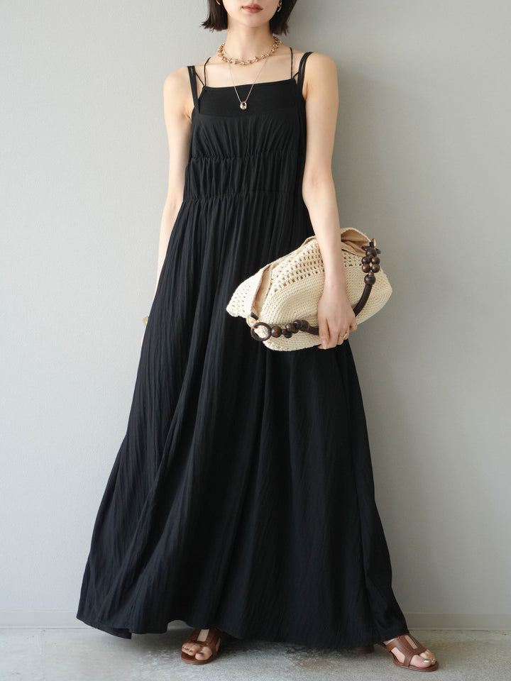 [SET]レーヨンシャーリングキャミワンピース+カップ付きバッククロスキャミソール(2set)