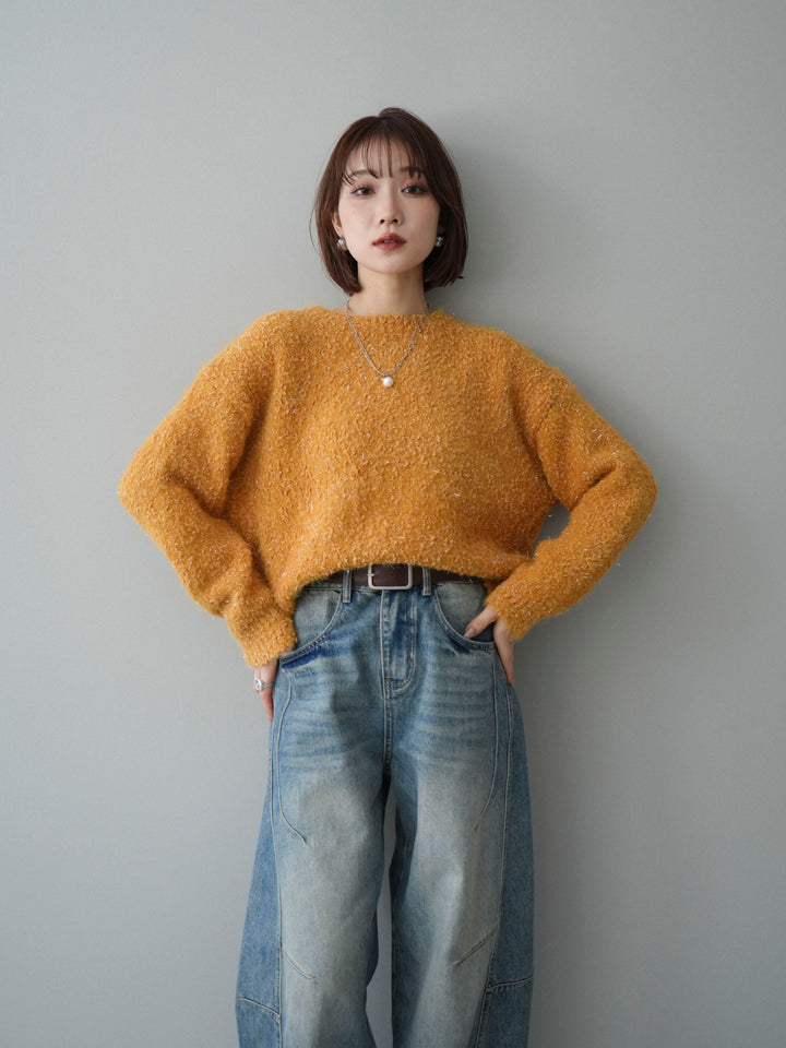 [SET]モールラメミックスヤーンニットプルオーバー+ベルト付カーブデニムパンツ(2set)