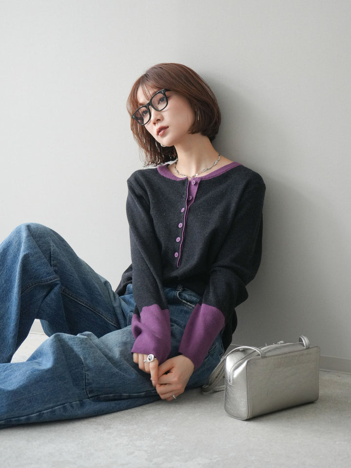 [SET]ヘンリーネック配色ニットソー+ベルト付3Dカーブワイドデニムパンツ(2set)